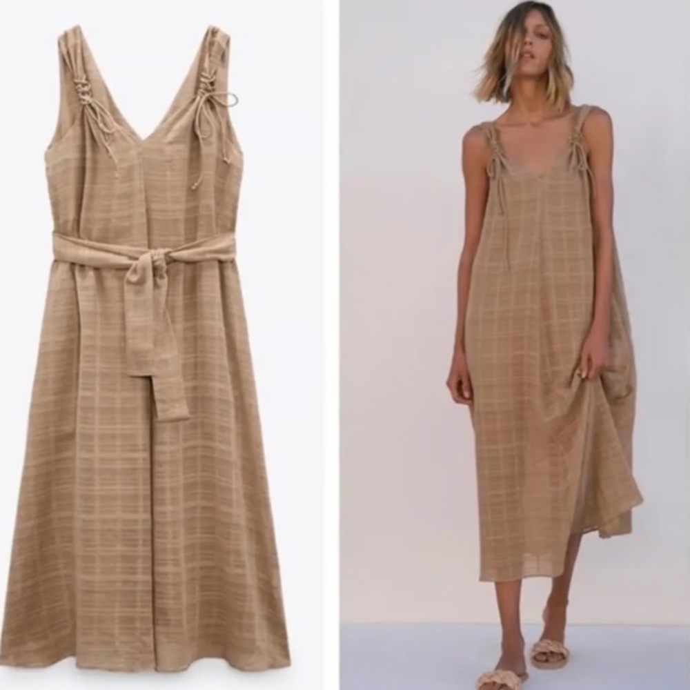 Zara Tan Ring Strap Oversized Gauzy Lagenlook Midi Dress, Lined, S